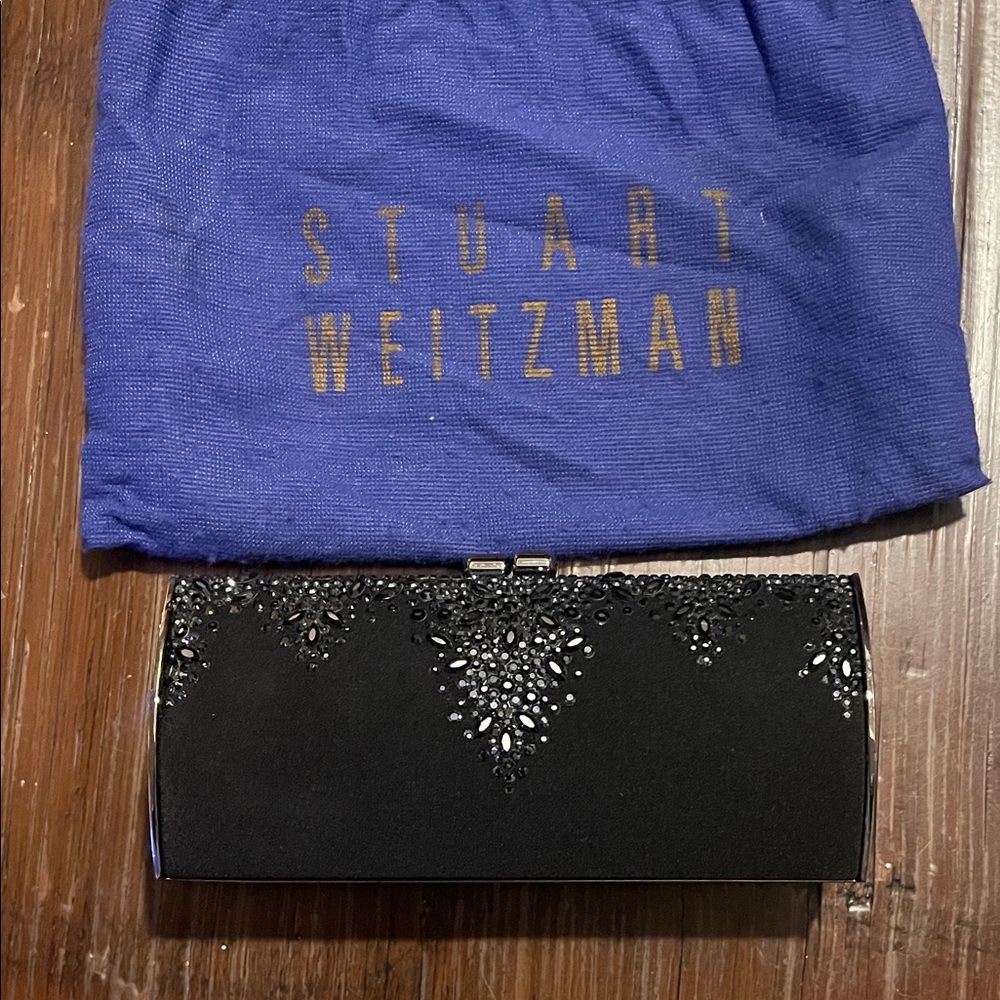 Stuart Weitzman Black Embellished Clutch approximately 8” wide and 3.5” height